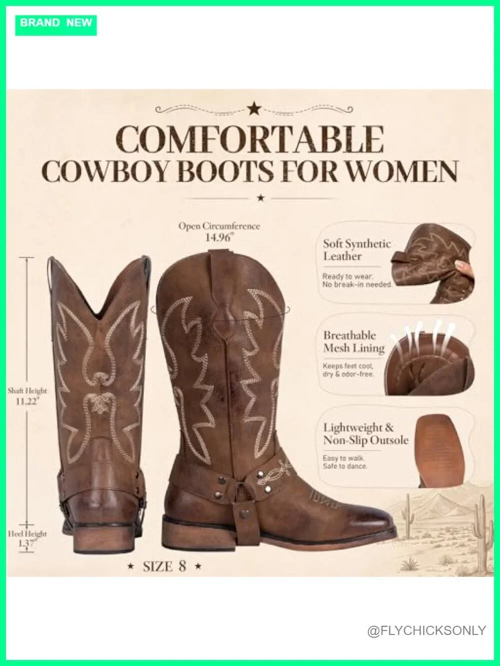 Square Toe Mid Calf Western Cowgirl Boots with Removable Buckle Strap